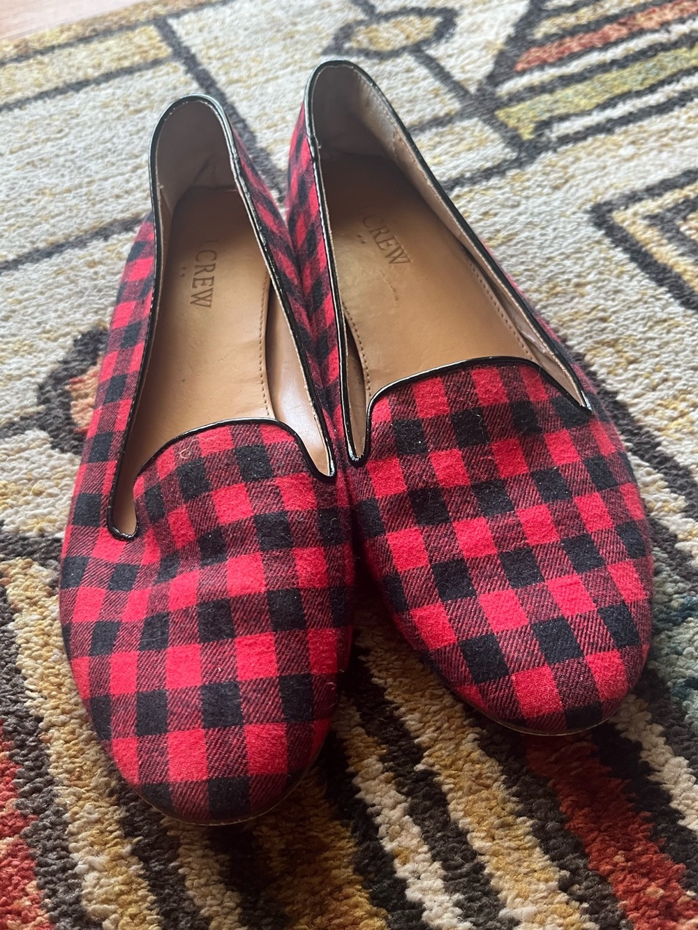 J crew red black buffalo plaid textile loafers 8.5